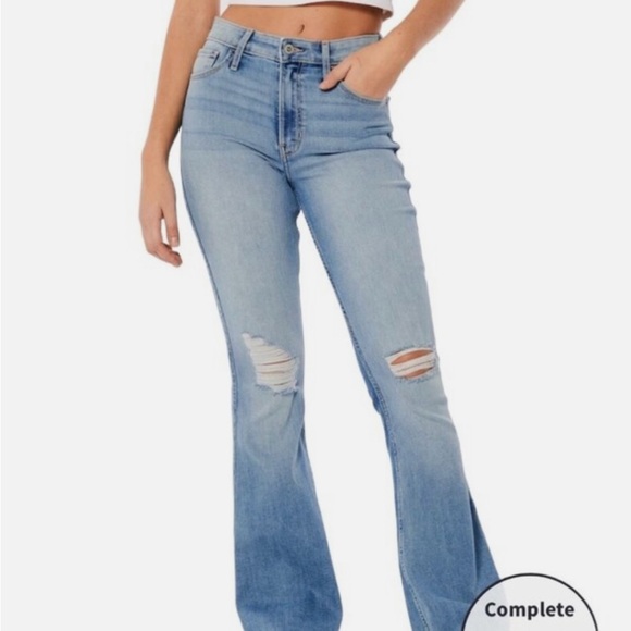 Hollister Light Blue Distressed High Rise Vintage Flare Stretch Jeans Y2K 2000’s - Picture 1 of 11